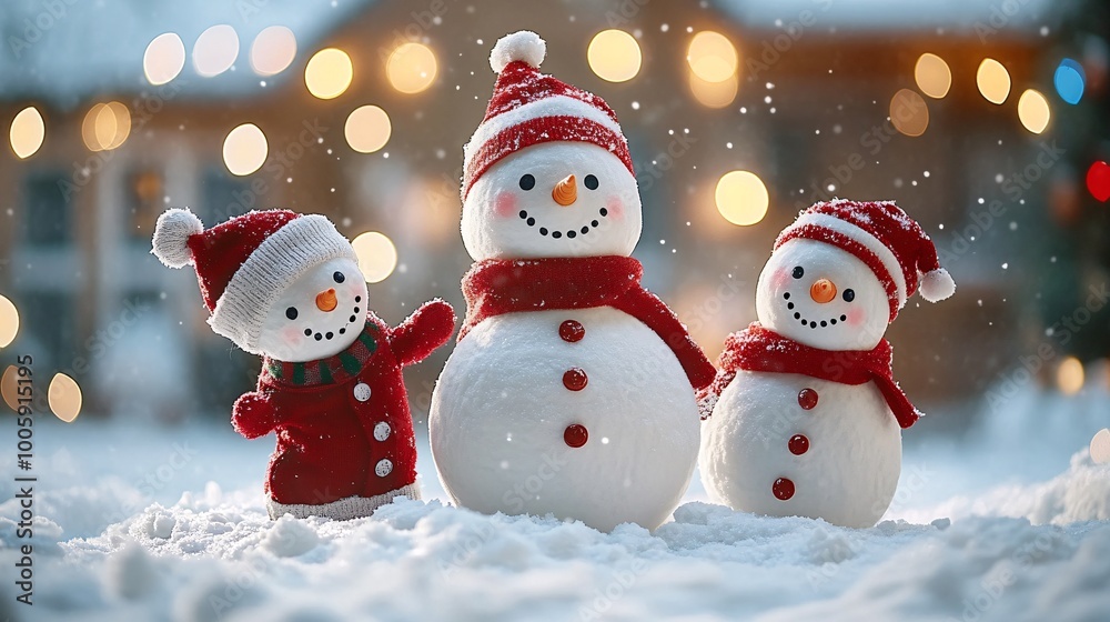 Fototapeta premium Happy family of four playing with snow and building a snowman in front of a house adorned with Christmas decorations and twinkling lights Large space for text in center Stock Photo with copy space
