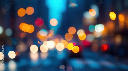 A blurred city street scene at night with colorful lights and traffic.