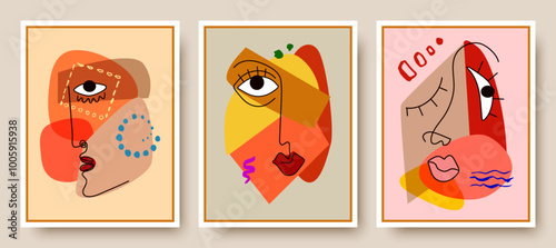 Colorful abstract background of faces. Vector design of geometric shapes and lines in the cubist style