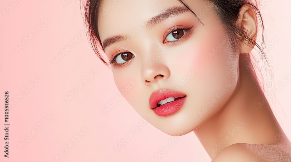 Close-up portrait of a young woman with flawless skin and subtle makeup. Aesthetic beauty against a soft pink background. Close-up portrait of a young woman with flawless skin and subtle makeup. Aesthetic beauty against a soft pink background.