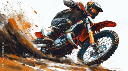 A motorcycle racer participates in motocross. A motorcycle racer creates a huge cloud of dust on a white abstract background. Illustration photo