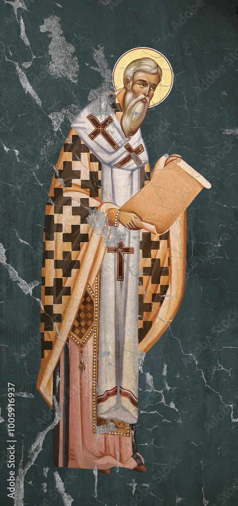 Obraz premium Traditional Christian icon of James, brother of Jesus. Antique illustration on cracked wall in Byzantine style
