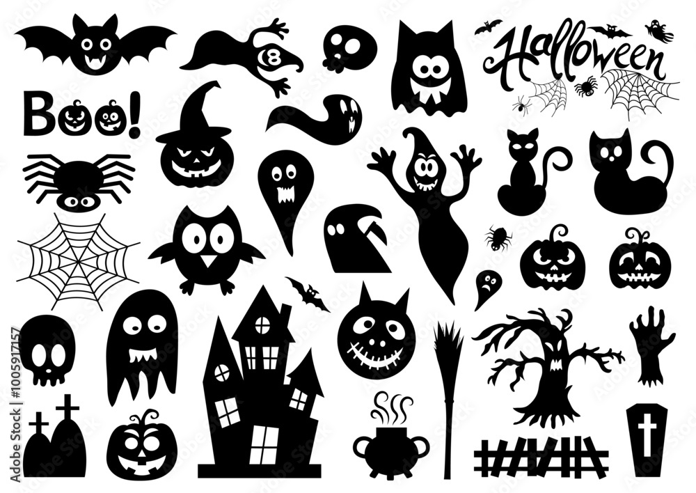 Fototapeta premium Set of silhouettes of Halloween. Haunted house, creepy tree, flying witch, pumpkins, bat, spider etc
