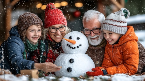 Happy children adding a carrot nose to a snowman while grandparents take photos with festive red and green decorations in the background Large space for text in center Stock Photo with copy space