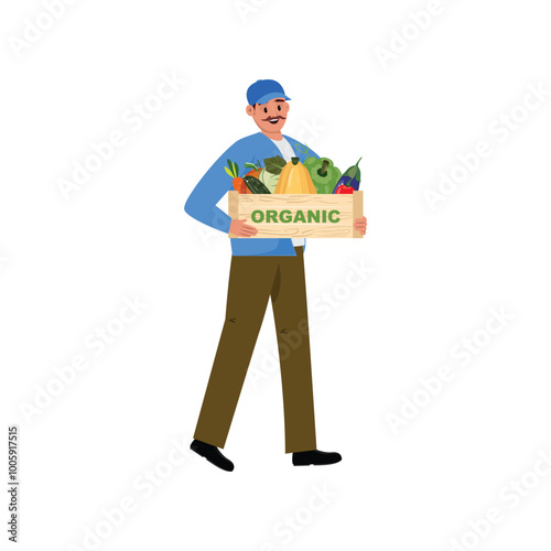 Smiling worker in blue cap carrying a crate of farm vegetables including pumpkins, carrots and tomatoes