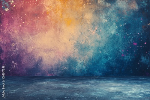 Vibrant abstract grunge background with a textured wall and floor in shades of blue, purple, and yellow. Perfect for creative designs and artistic projects.