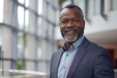 Portrait of successful senior Zulu businessman consultant looking at camera and smiling inside modern office building , background blur