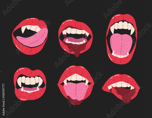 Halloween set vampire open mouth with fangs and tongue. Female red and black lips with long pointed canine teeth and blood. Vector flat Illustration. Spooky design collection.