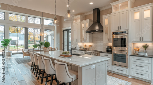 Beautiful white kitchen in new luxury home with large island