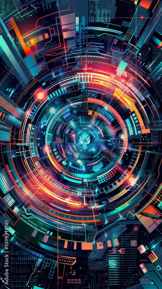 A visually striking digital interface featuring vibrant colors and high-tech elements arranged in a circular pattern, perfect for technology and innovation themes. A visually striking digital interface featuring vibrant colors and high-tech elements arranged in a circular pattern, perfect for technology and innovation themes.