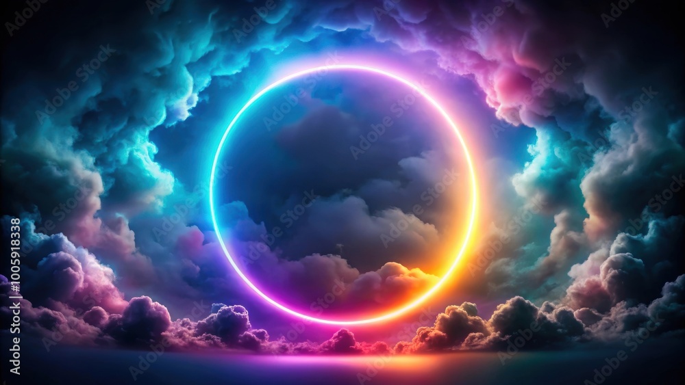 Obraz premium Colorful neon ring glowing in stormy cloud on dark sky, abstract background, render, neon, colorful, ring, glowing, stormy, cloud