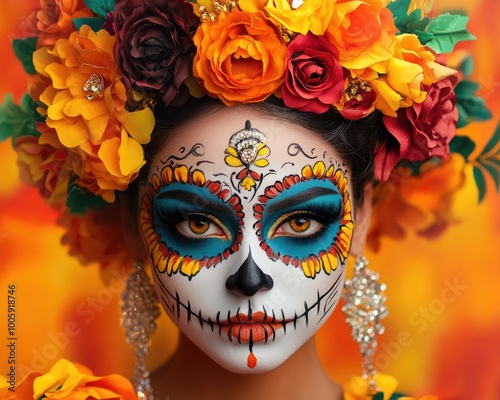 Colorful Day of the Dead celebration featuring a woman with vibrant floral headdress and intricate face painting.