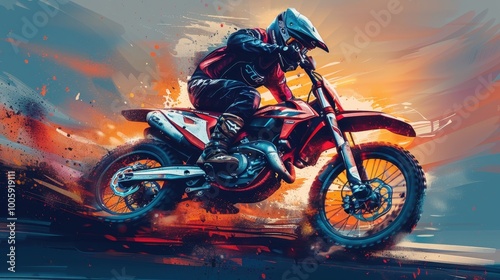 A motorcycle racer participates in motocross. A motorcycle racer creates a huge cloud of dust on an abstract background. Illustration