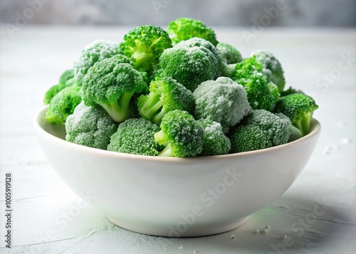 Fresh Green Frozen Broccoli in White Bowl on Light Background for Healthy Eating and Meal Prep Ideas