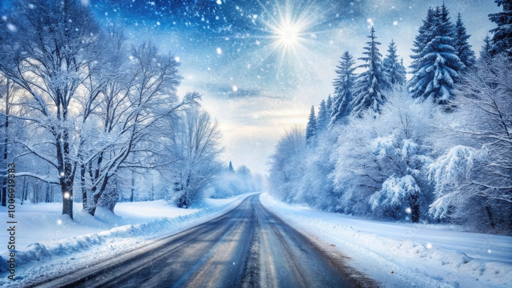 Snow-covered road with falling snowflakes, creating a serene winter landscape, snow, road, winter, snowflakes, serene, cold, tranquil Snow-covered road with falling snowflakes, creating a serene winter landscape, snow, road, winter, snowflakes, serene, cold, tranquil