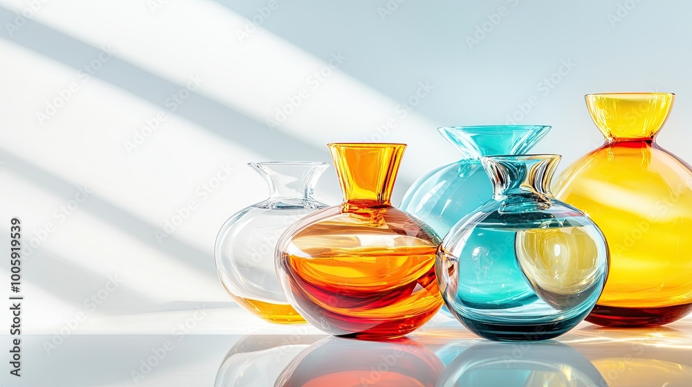 Colorful glass vases arranged artistically with soft shadows and bright light, enhancing their beauty and elegance. Colorful glass vases arranged artistically with soft shadows and bright light, enhancing their beauty and elegance.
