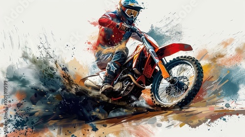 A motorcycle racer participates in motocross. A motorcycle racer creates a huge cloud of dust on a white abstract background. Illustration photo