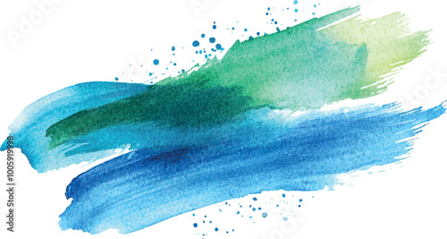 Green blue paint artistic dry brush stroke. Watercolor acrylic hand painted backdrop for print, web design and banners. Realistic vector background texture