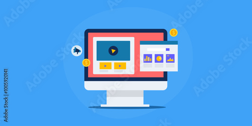 Analytics software automatically extract data from video content and display report on dashboard screen, vector illustration concept.
