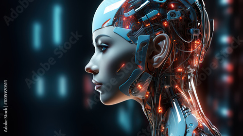 generated illustration of female robot face with computer artificial intelligence.