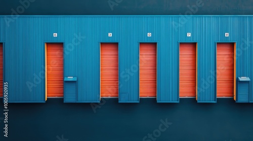 Colorful storage units feature vibrant orange doors against a striking blue backdrop, creating a modern and appealing aesthetic.