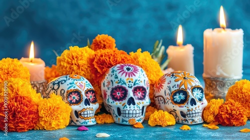 Colorful sugar skulls adorned with flowers and candles, celebrating the rich cultural heritage of Day of the Dead festivities.