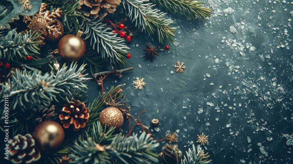 Christmas snowy flat lay with fir branches, pine cones, and silver decorations on a frosty background, Ai Generation Christmas snowy flat lay with fir branches, pine cones, and silver decorations on a frosty background, Ai Generation