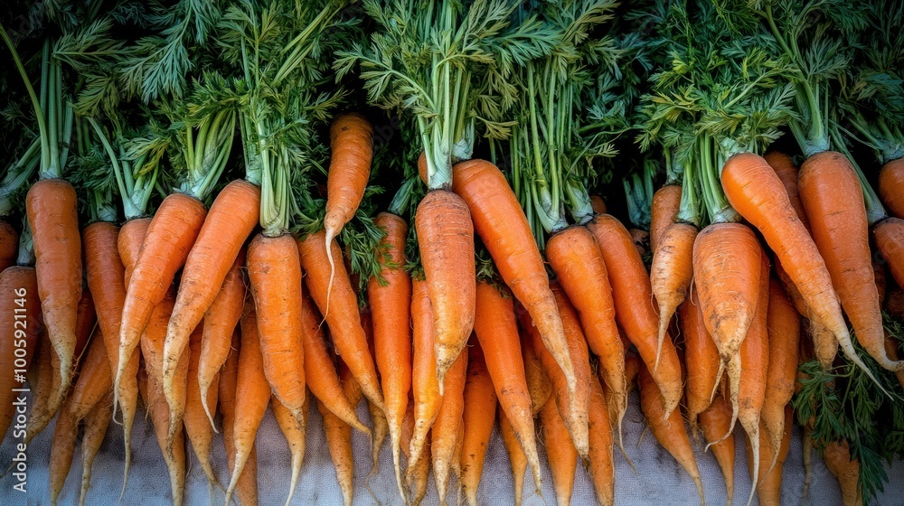 A bunch of fresh carrots with green tops, displayed for sale. A bunch of fresh carrots with green tops, displayed for sale.