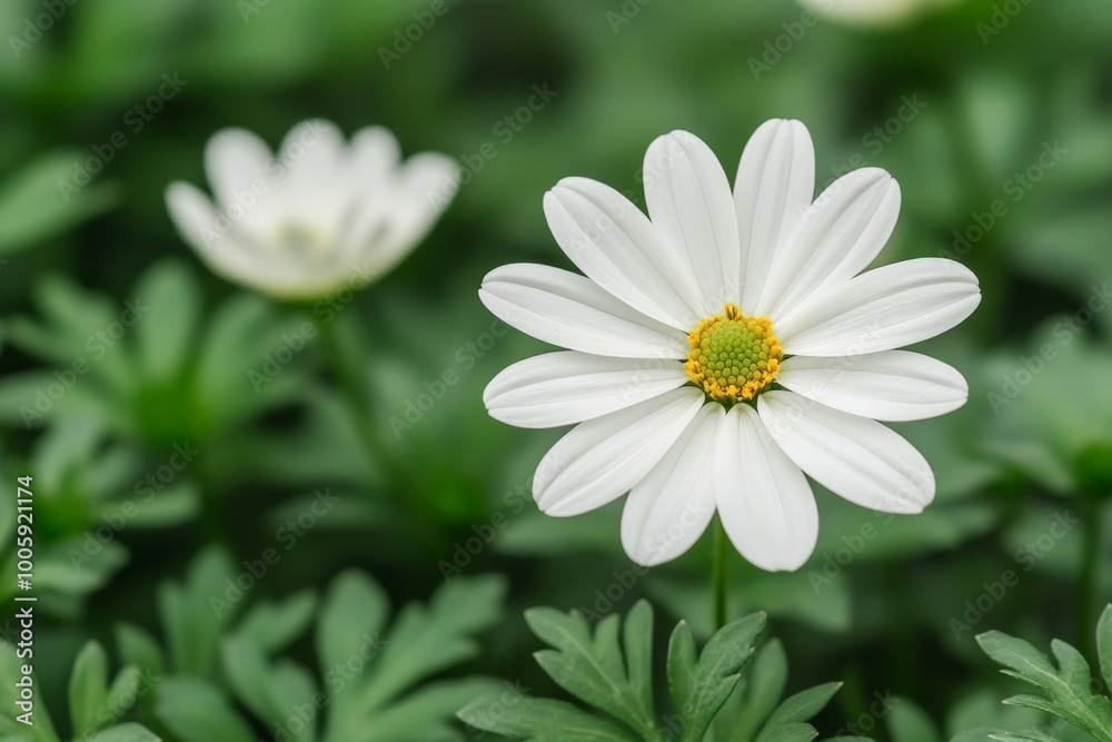 Close-up of a single white daisy flower in full bloom, surrounded by soft green foliage. Close-up of a single white daisy flower in full bloom, surrounded by soft green foliage.