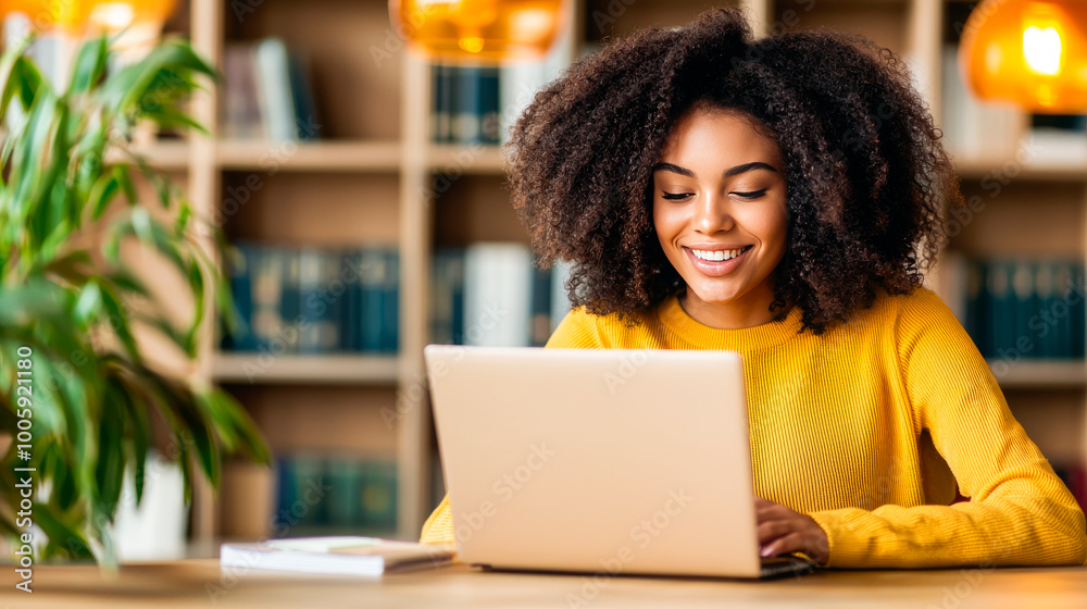 Smiling Young Woman Using Laptop in Library Smiling Young Woman Using Laptop in Library