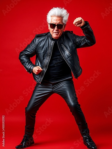 Senior man dressed as a dynamic performer in leather pants and jacket showing off a dramatic dance move with expressive energy Wide frame negative space around the figure subject fully visible from