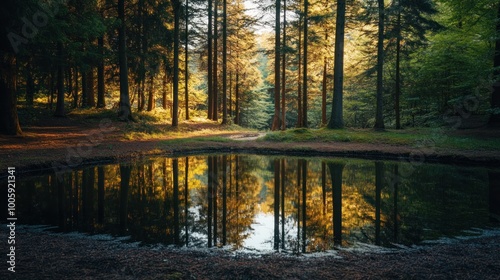 A serene forest scene with a reflective pond surrounded by tall trees and warm sunlight.