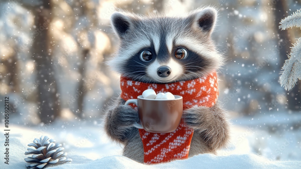 Christmas background with a raccoon wearing a hat and scarf, hol