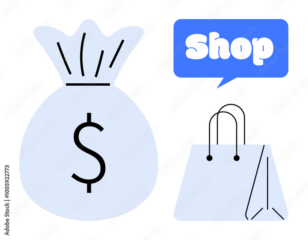 Large money bag with dollar sign, a shopping bag, and a text bubble with Shop. Ideal for retail, e-commerce, financial savings, budgeting, and online shopping themes. Minimalist vector style Large money bag with dollar sign, a shopping bag, and a text bubble with Shop. Ideal for retail, e-commerce, financial savings, budgeting, and online shopping themes. Minimalist vector style