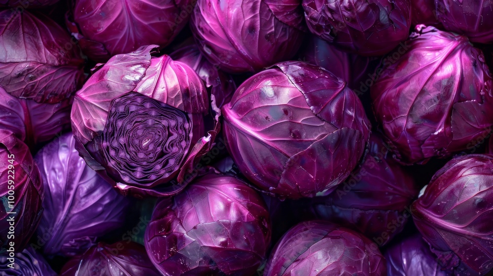 A bunch of purple cabbage with one of them cut open A bunch of purple cabbage with one of them cut open