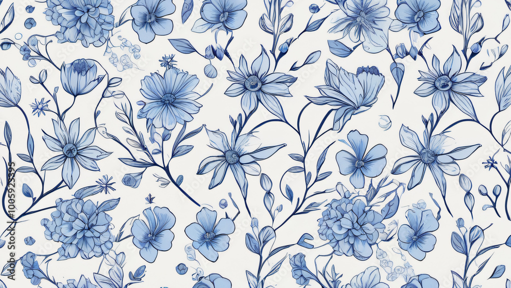 Fototapeta premium Floral seamless pattern with vintage flowers on blue background
