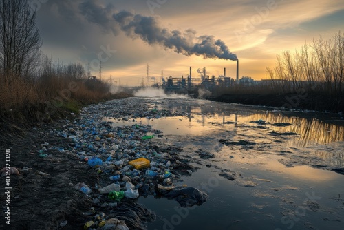 A polluted waterway choked with plastic debris flows beneath a gray sky, showcasing the industrial backdrop emitting dense smoke as dusk begins to settle in photo