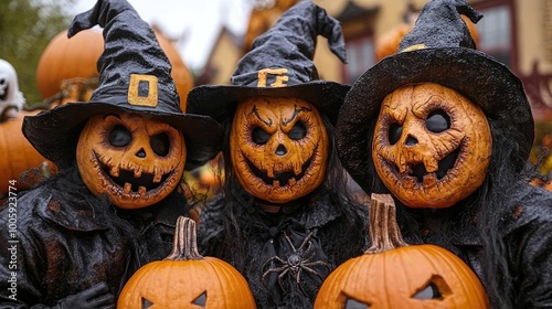 Halloween partygoers in a home, wearing ghost masks and vampire costumes, with a backdrop of pumpkins, spiders, and eerie ghost decorations, creating a fun yet spooky vibe. photo