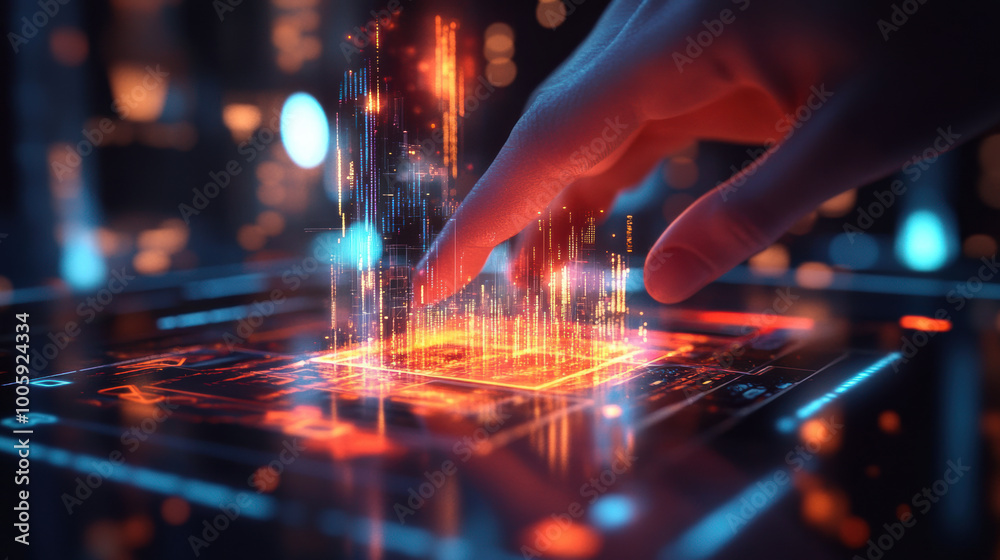Fototapeta premium hand interacts with glowing digital interface, creating vibrant holographic data visualizations. scene conveys sense of advanced technology and innovation