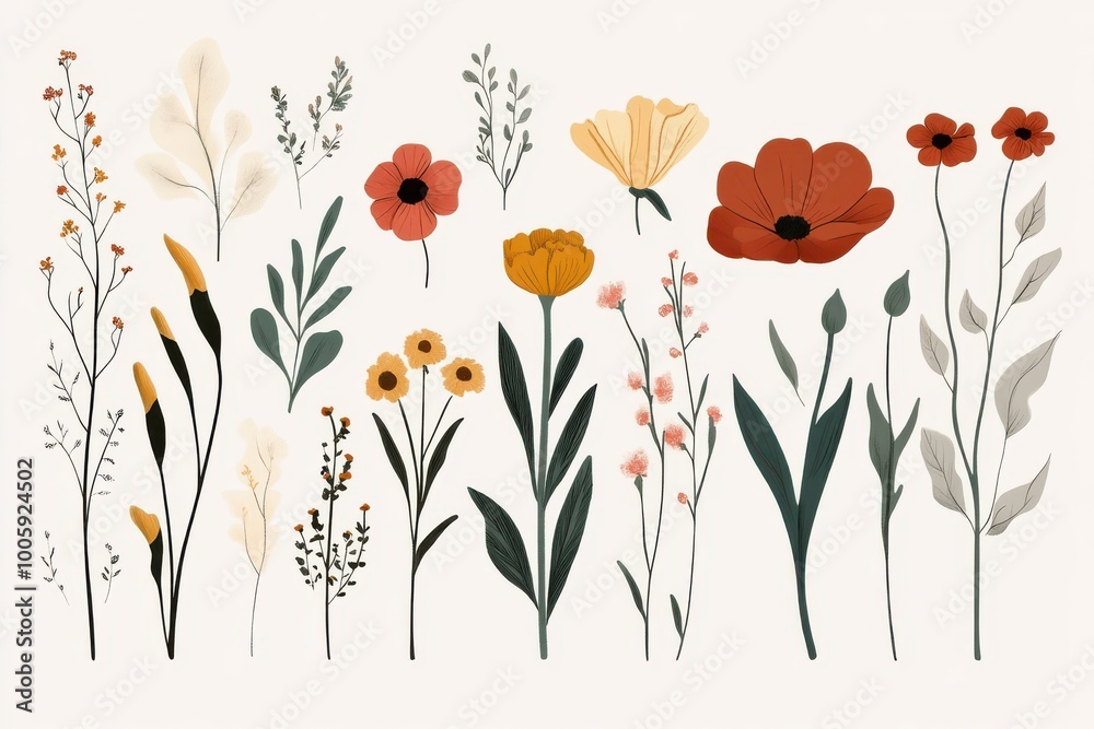 Naklejka premium Floral and plant illustrations: elegant curvy art of nature for contemporary wall decor, templates, prints, frames, packaging, and branding strategies