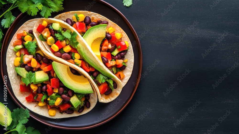 Delicious vegetarian tacos served with fresh avocado, black beans, corn, and vibrant vegetables for a healthy meal.