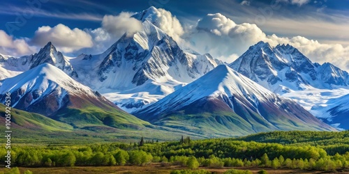 Majestic snow-capped peaks in the remote Mountains of Kolyma, East Russia , remote, snowy, wilderness, rugged photo