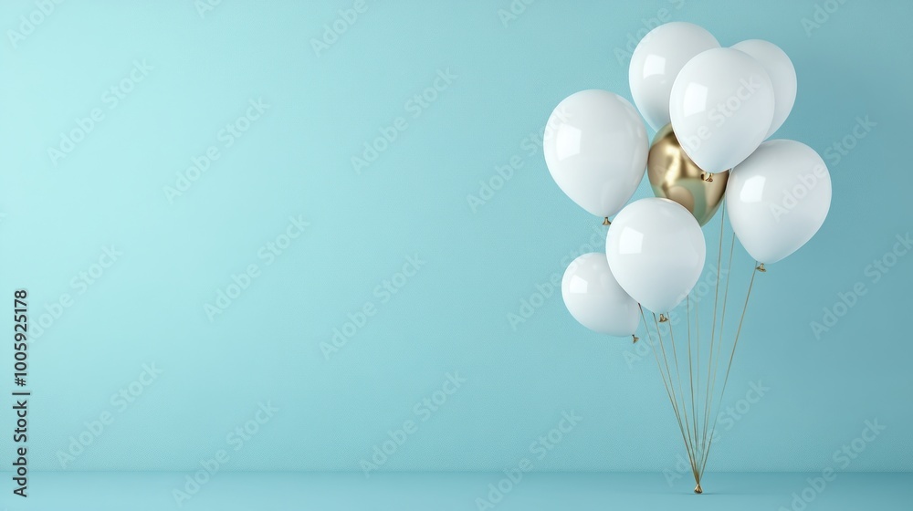 A cluster of white and gold balloons against a light blue background, symbolizing celebration. A cluster of white and gold balloons against a light blue background, symbolizing celebration.