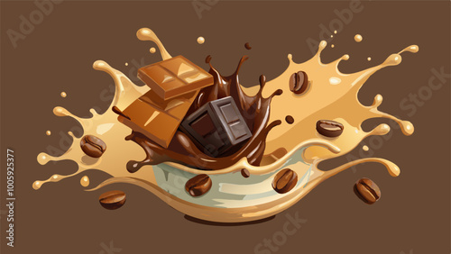 splashes and drops of melted dark chocolate, hot coffee and milk flow mixed