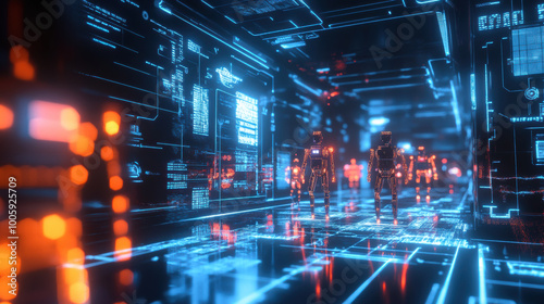Wallpaper Mural Futuristic robots navigate glowing digital environment filled with neon lights and intricate data displays, creating captivating scene of technology and innovation Torontodigital.ca