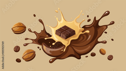 splashes and drops of melted dark chocolate, hot coffee and milk flow mixed