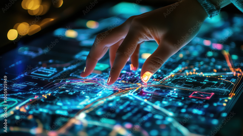 hand adjusting flow of virtual traffic on digital map, showcasing vibrant colors and intricate details. scene conveys sense of control and innovation in urban planning