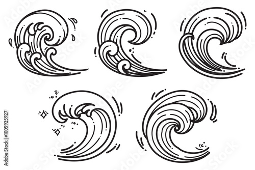 Set of ocean waves in various forms with hand-drawn vector illustrations. Doodle line art style, isolated and easy to use for creative projects and designs.