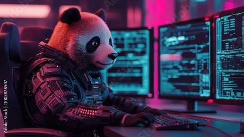 Panda in a space suit working at a computer.