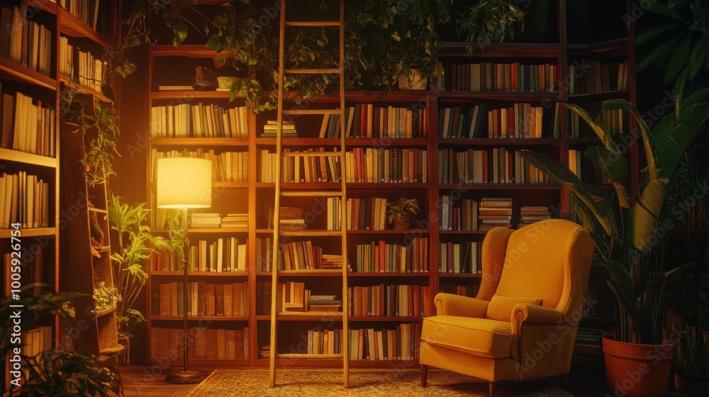 Cozy reading nook with bookshelves, a ladder, and a yellow armchair surrounded by plants. Cozy reading nook with bookshelves, a ladder, and a yellow armchair surrounded by plants.